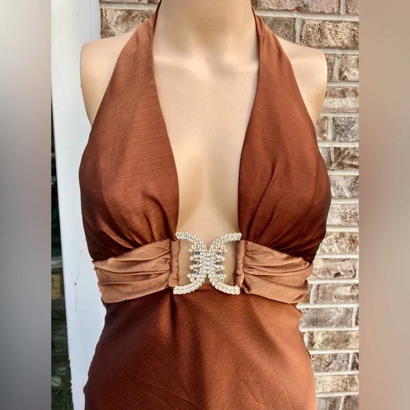 brown dress pants women outfit WEDTREND Women Brown Embroidered Long Prom Dress Halter Mermaid Corset  Party Dress main image 1
